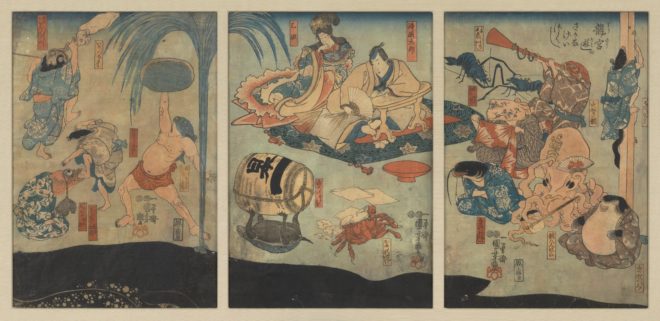 Utagawa Kuniyoshi, 1847-1848, créatures marines faisant la fête à Urashima Taro. 