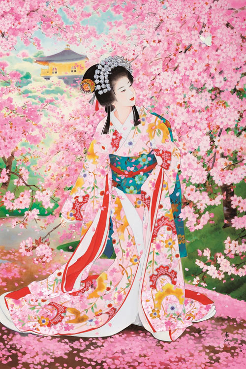 Lire la suite à propos de l’article Femmes dans de somptueux kimono, et décors idylliques, par Haruyo Morita